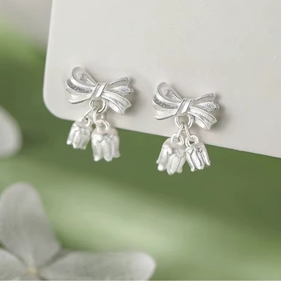 Silver Bow Bellflower Earrings - Picture 2 of 5